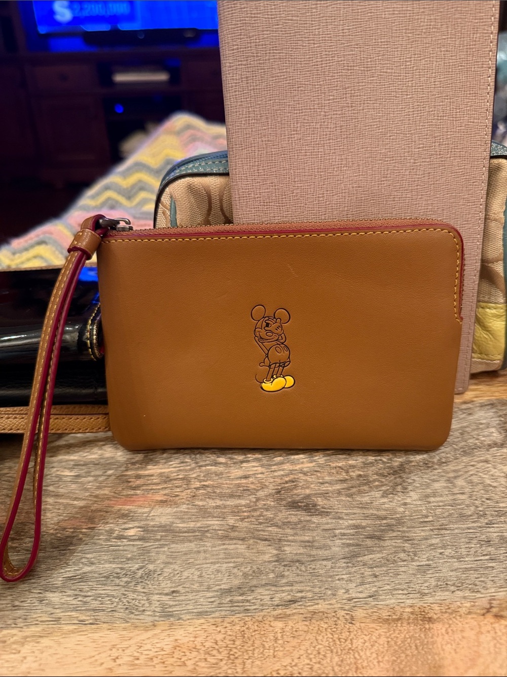 Brown Leather Shy Mickey Mouse Wristlet